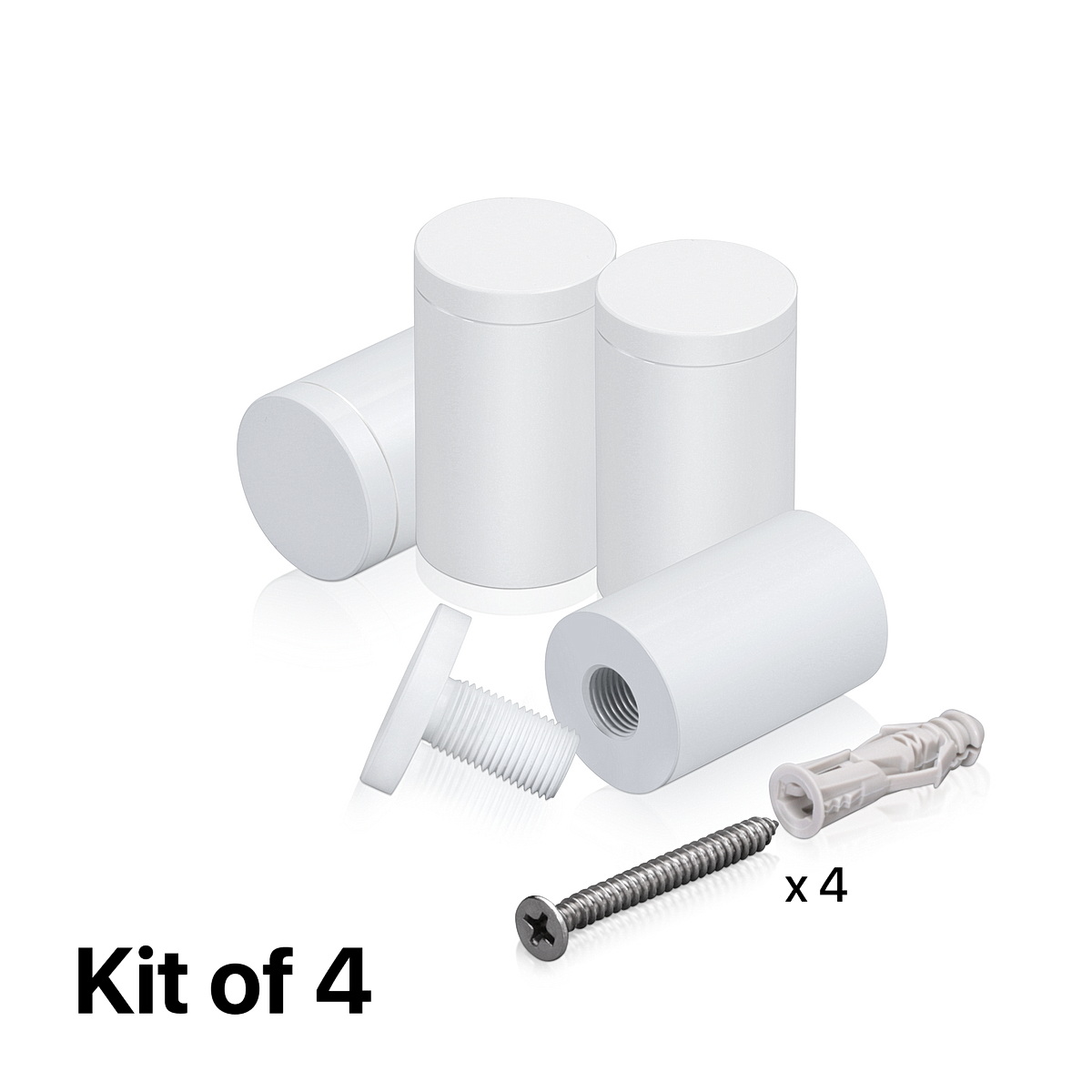 (Set of 4) 1'' Diameter X 1-1/2'' Barrel Length, Affordable Aluminum Standoffs, White Coated Finish Standoff and (4) 2216Z Screws and (4) LANC1 Anchors for concrete/drywall (For Inside/Outside) [Required Material Hole Size: 7/16'']