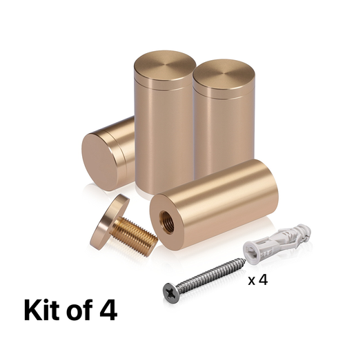 (Set of 4) 1'' Diameter X 2'' Barrel Length, Affordable Aluminum Standoffs, Champagne Anodized Finish Standoff and (4) 2216Z Screws and (4) LANC1 Anchors for concrete/drywall (For Inside/Outside) [Required Material Hole Size: 7/16'']