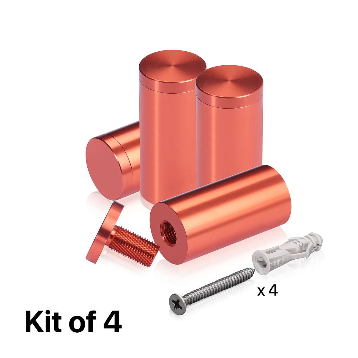 (Set of 4) 1'' Diameter X 2'' Barrel Length, Affordable Aluminum Standoffs, Copper Anodized Finish Standoff and (4) 2216Z Screws and (4) LANC1 Anchors for concrete/drywall (For Inside/Outside) [Required Material Hole Size: 7/16'']