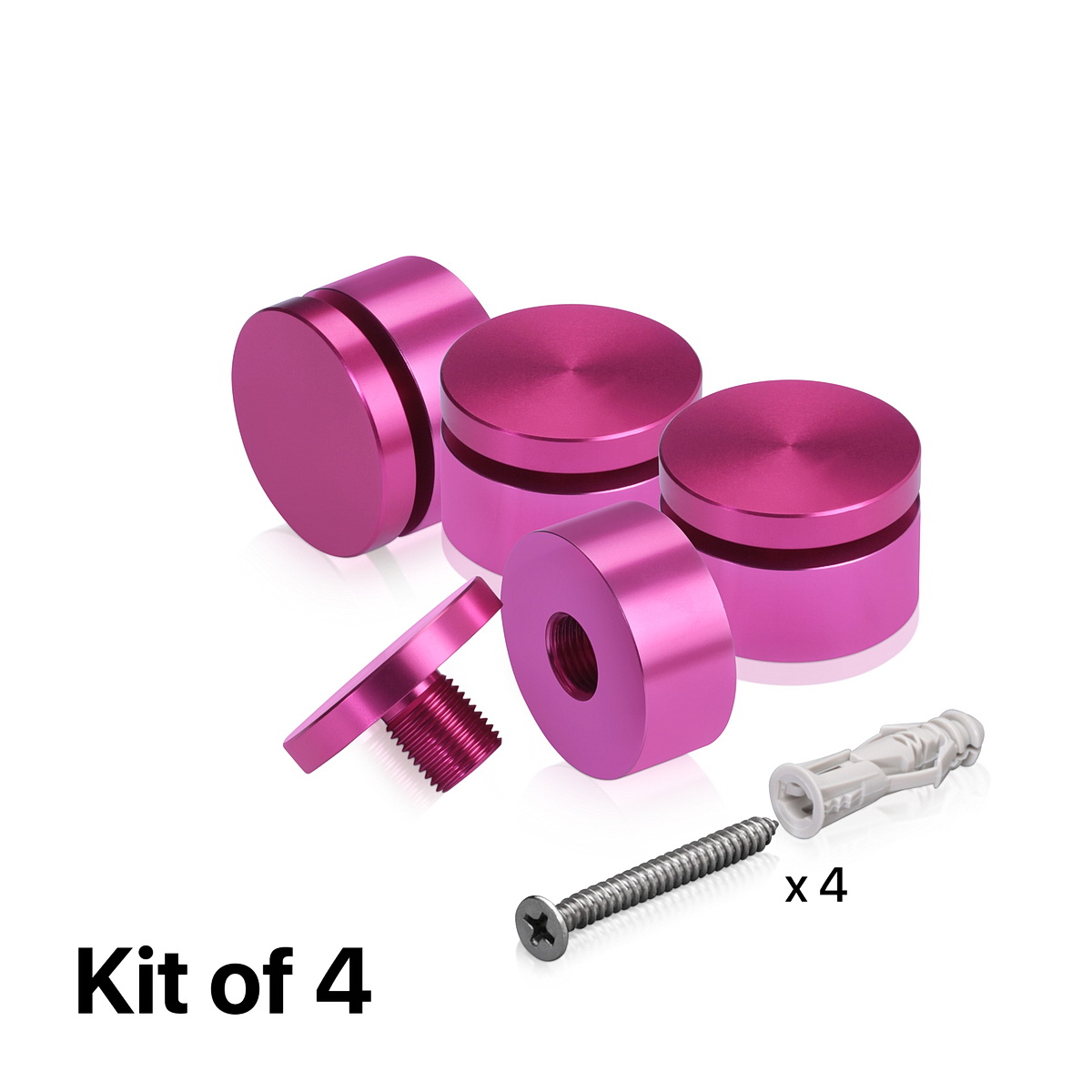 (Set of 4) 1-1/4'' Diameter X 1/2'' Barrel Length, Affordable Aluminum Standoffs, Rosy Pink Anodized Finish Standoff and (4) 2216Z Screws and (4) LANC1 Anchors for concrete/drywall (For Inside/Outside) [Required Material Hole Size: 7/16'']