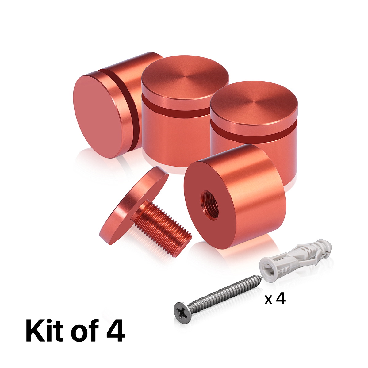 (Set of 4) 1-1/4'' Diameter X 3/4'' Barrel Length, Affordable Aluminum Standoffs, Copper Anodized Finish Standoff and (4) 2216Z Screws and (4) LANC1 Anchors for concrete/drywall (For Inside/Outside) [Required Material Hole Size: 7/16'']