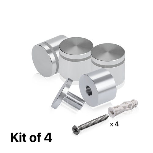 (Set of 4) 1-1/4'' Diameter X 3/4'' Barrel Length, Affordable Aluminum Standoffs, Silver Anodized Finish Standoff and (4) 2216Z Screws and (4) LANC1 Anchors for concrete/drywall (For Inside/Outside) [Required Material Hole Size: 7/16'']