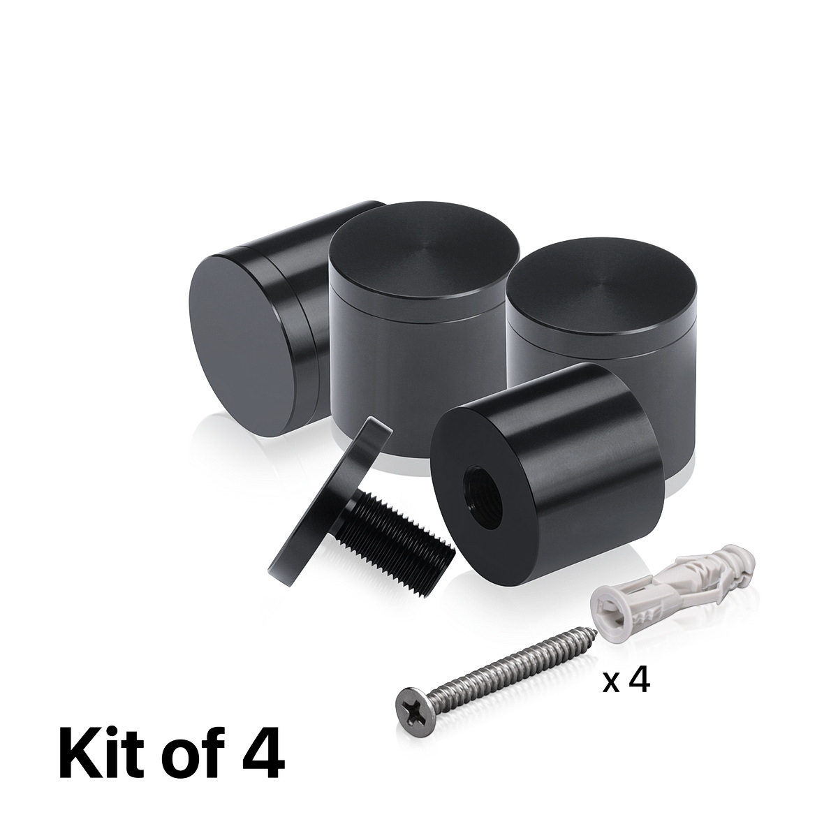 (Set of 4) 1-1/4'' Diameter X 1'' Barrel Length, Affordable Aluminum Standoffs, Black Anodized Finish Standoff and (4) 2216Z Screws and (4) LANC1 Anchors for concrete/drywall (For Inside/Outside) [Required Material Hole Size: 7/16'']