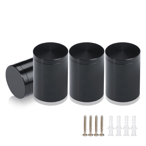 (Set of 4) 1-1/4'' Diameter X 1-1/2'' Barrel Length, Affordable Aluminum Standoffs, Black Anodized Finish Standoff and (4) 2216Z Screws and (4) LANC1 Anchors for concrete/drywall (For Inside/Outside) [Required Material Hole Size: 7/16'']