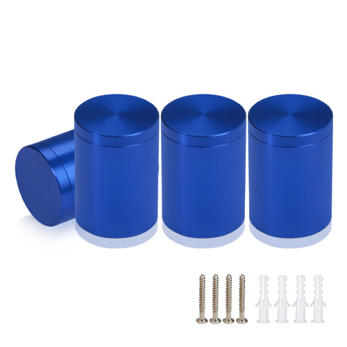 (Set of 4) 1-1/4'' Diameter X 1-1/2'' Barrel Length, Affordable Aluminum Standoffs, Blue Anodized Finish Standoff and (4) 2216Z Screws and (4) LANC1 Anchors for concrete/drywall (For Inside/Outside) [Required Material Hole Size: 7/16'']