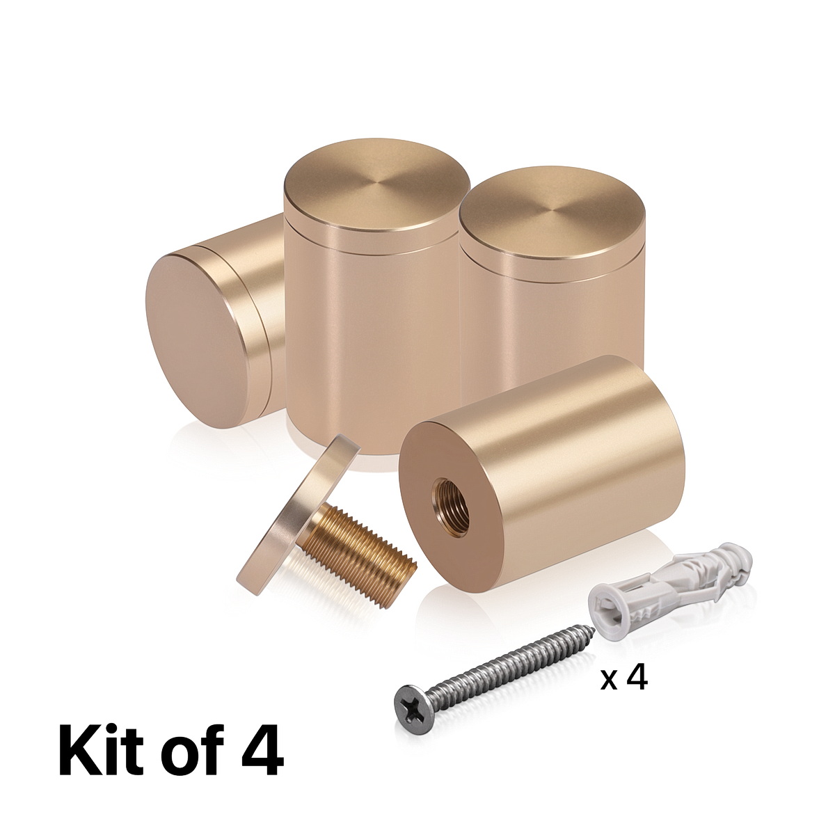 (Set of 4) 1-1/4'' Diameter X 1-1/2'' Barrel Length, Affordable Aluminum Standoffs, Champagne Anodized Finish Standoff and (4) 2216Z Screws and (4) LANC1 Anchors for concrete/drywall (For Inside/Outside) [Required Material Hole Size: 7/16'']