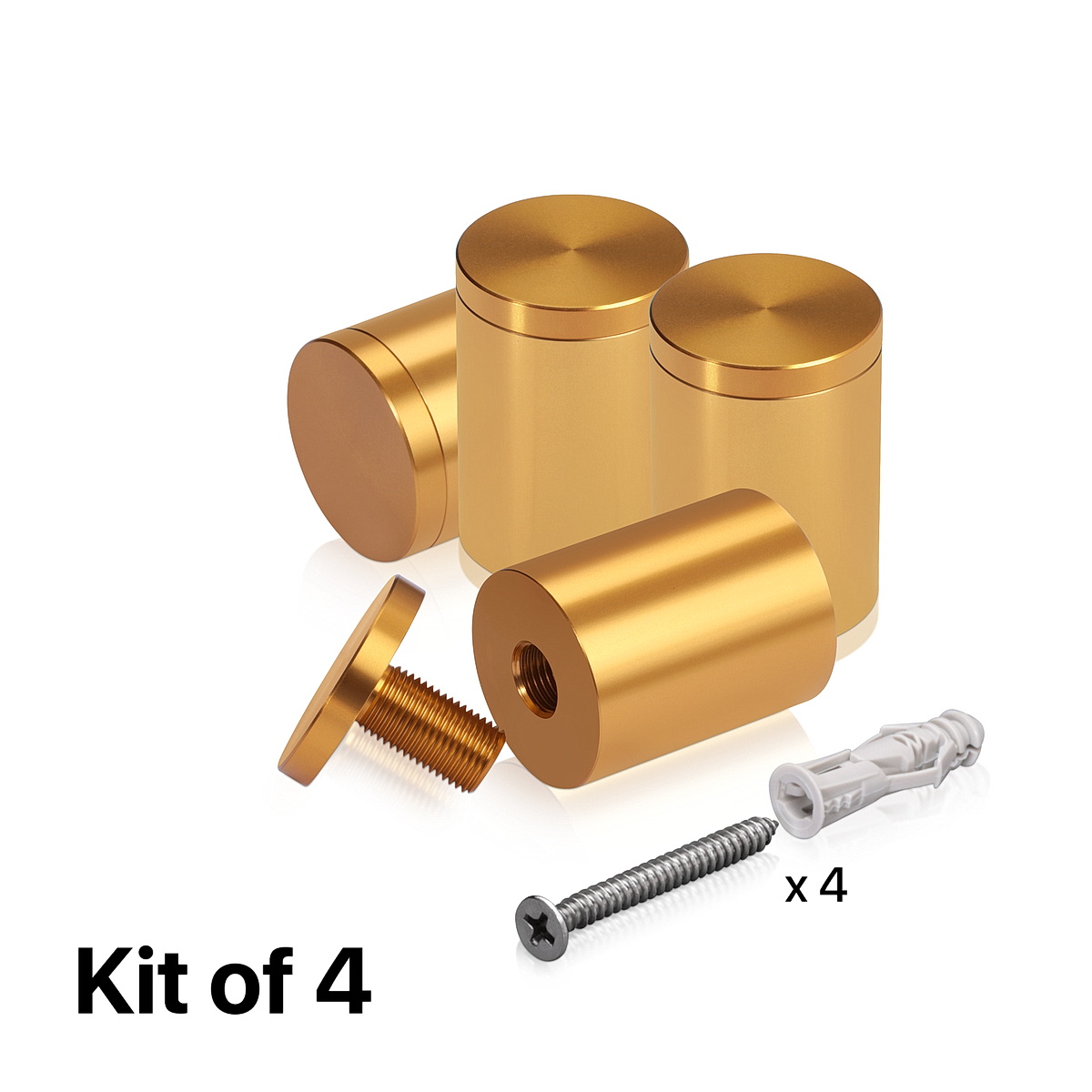 (Set of 4) 1-1/4'' Diameter X 1-1/2'' Barrel Length, Affordable Aluminum Standoffs, Gold Anodized Finish Standoff and (4) 2216Z Screws and (4) LANC1 Anchors for concrete/drywall (For Inside/Outside) [Required Material Hole Size: 7/16'']