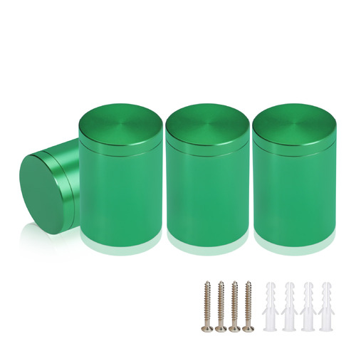 (Set of 4) 1-1/4'' Diameter X 1-1/2'' Barrel Length, Affordable Aluminum Standoffs, Green Anodized Finish Standoff and (4) 2216Z Screws and (4) LANC1 Anchors for concrete/drywall (For Inside/Outside) [Required Material Hole Size: 7/16'']