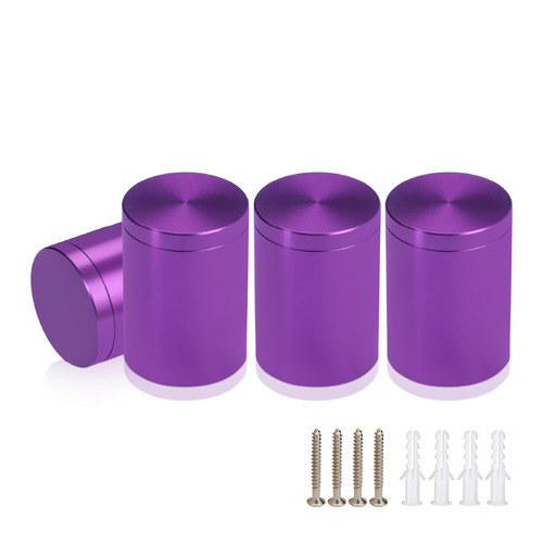 (Set of 4) 1-1/4'' Diameter X 1-1/2'' Barrel Length, Affordable Aluminum Standoffs, Purple Anodized Finish Standoff and (4) 2216Z Screws and (4) LANC1 Anchors for concrete/drywall (For Inside/Outside) [Required Material Hole Size: 7/16'']