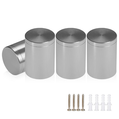 (Set of 4) 1-1/4'' Diameter X 1-1/2'' Barrel Length, Affordable Aluminum Standoffs, Steel Grey Anodized Finish Standoff and (4) 2216Z Screws and (4) LANC1 Anchors for concrete/drywall (For Inside/Outside) [Required Material Hole Size: 7/16'']