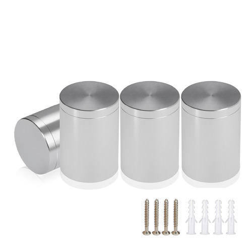 (Set of 4) 1-1/4'' Diameter X 1-1/2'' Barrel Length, Affordable Aluminum Standoffs, Silver Anodized Finish Standoff and (4) 2216Z Screws and (4) LANC1 Anchors for concrete/drywall (For Inside/Outside) [Required Material Hole Size: 7/16'']