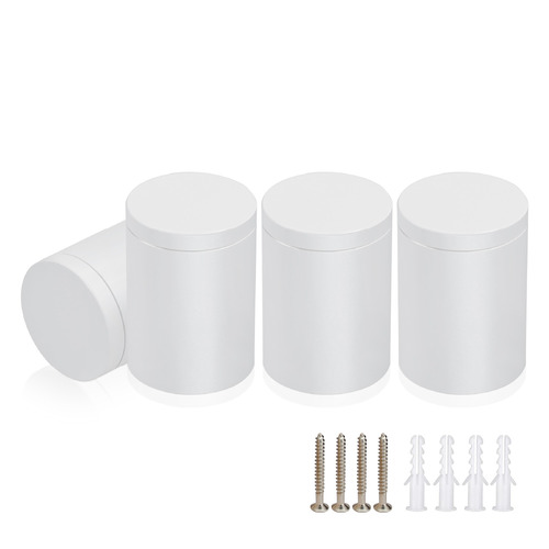 (Set of 4) 1-1/4'' Diameter X 1-1/2'' Barrel Length, Affordable Aluminum Standoffs, White Coated Finish Standoff and (4) 2216Z Screws and (4) LANC1 Anchors for concrete/drywall (For Inside/Outside) [Required Material Hole Size: 7/16'']