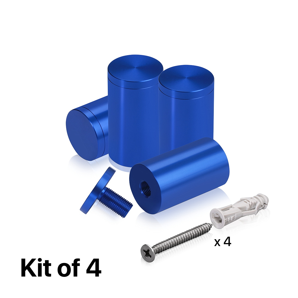 (Set of 4) 1-1/4'' Diameter X 2'' Barrel Length, Affordable Aluminum Standoffs, Blue Anodized Finish Standoff and (4) 2216Z Screws and (4) LANC1 Anchors for concrete/drywall (For Inside/Outside) [Required Material Hole Size: 7/16'']
