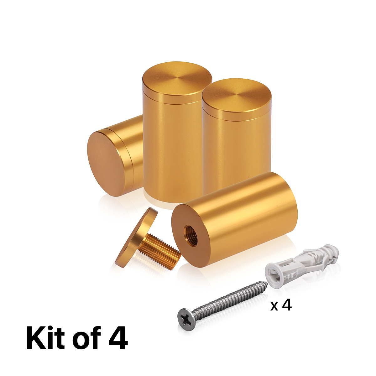 (Set of 4) 1-1/4'' Diameter X 2'' Barrel Length, Affordable Aluminum Standoffs, Gold Anodized Finish Standoff and (4) 2216Z Screws and (4) LANC1 Anchors for concrete/drywall (For Inside/Outside) [Required Material Hole Size: 7/16'']