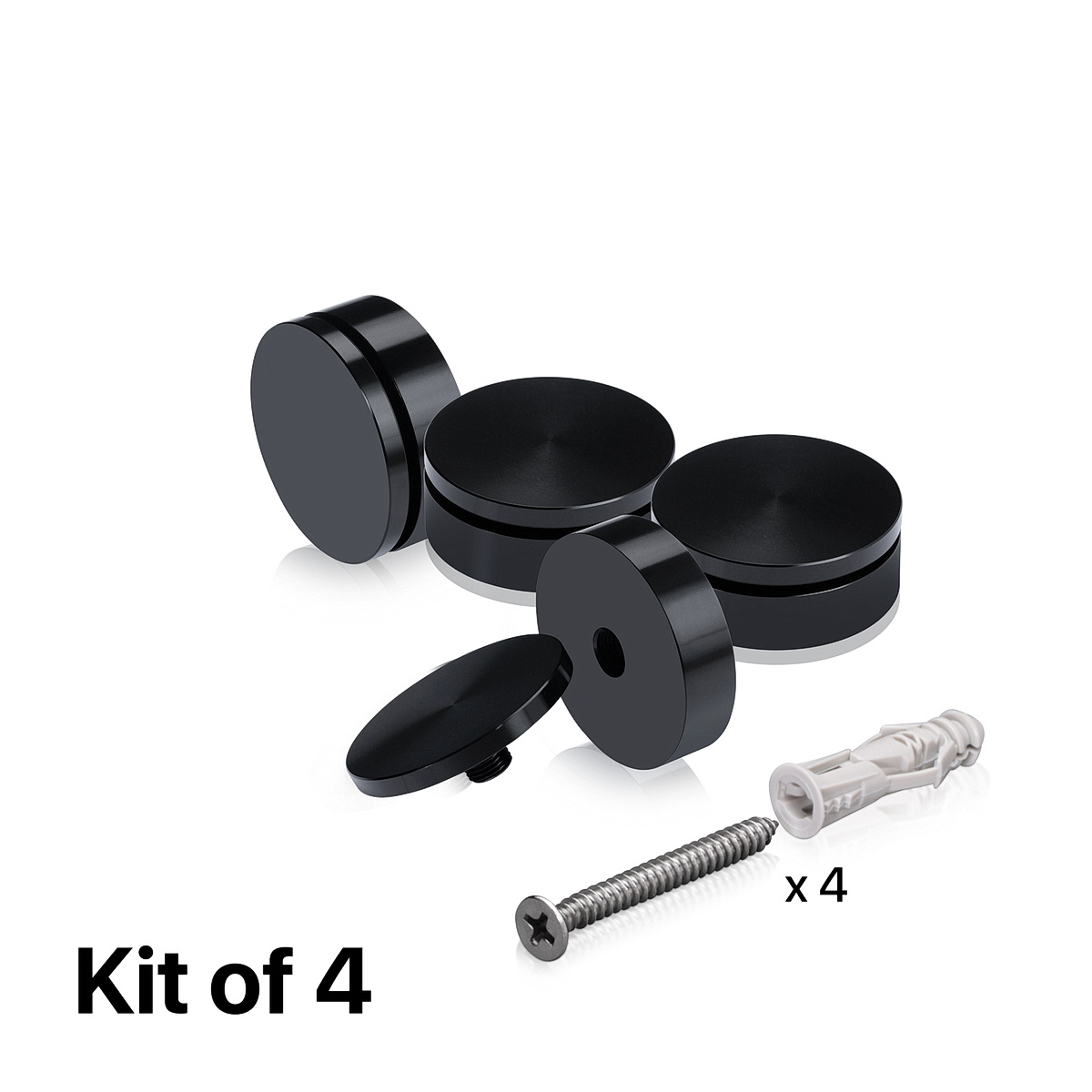 (Set of 4) 2'' Diameter X 1/2'' Barrel Length, Affordable Aluminum Standoffs, Black Anodized Finish Standoff and (4) 2216Z Screws and (4) LANC1 Anchors for concrete/drywall (For Inside/Outside) [Required Material Hole Size: 7/16'']