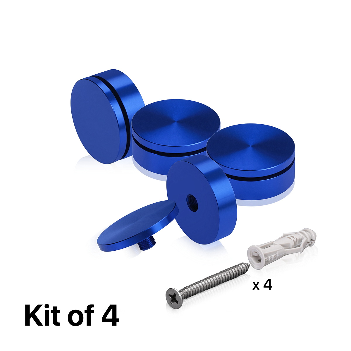 (Set of 4) 2'' Diameter X 1/2'' Barrel Length, Affordable Aluminum Standoffs, Blue Anodized Finish Standoff and (4) 2216Z Screws and (4) LANC1 Anchors for concrete/drywall (For Inside/Outside) [Required Material Hole Size: 7/16'']
