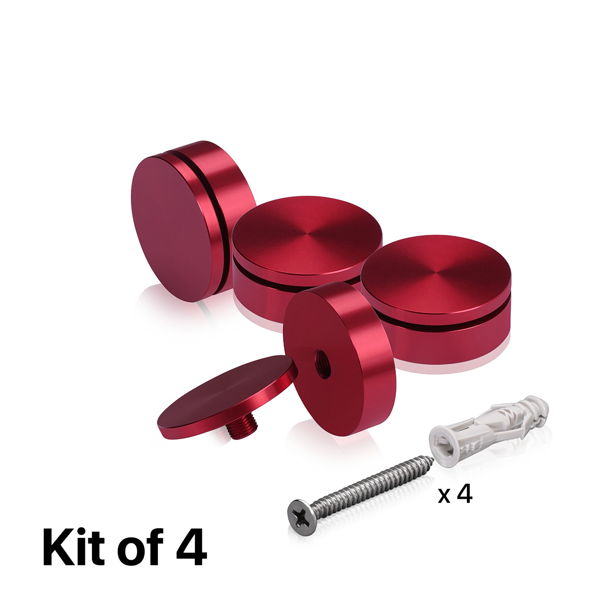 (Set of 4) 2'' Diameter X 1/2'' Barrel Length, Affordable Aluminum Standoffs, Cherry Red Anodized Finish Standoff and (4) 2216Z Screws and (4) LANC1 Anchors for concrete/drywall (For Inside/Outside) [Required Material Hole Size: 7/16'']