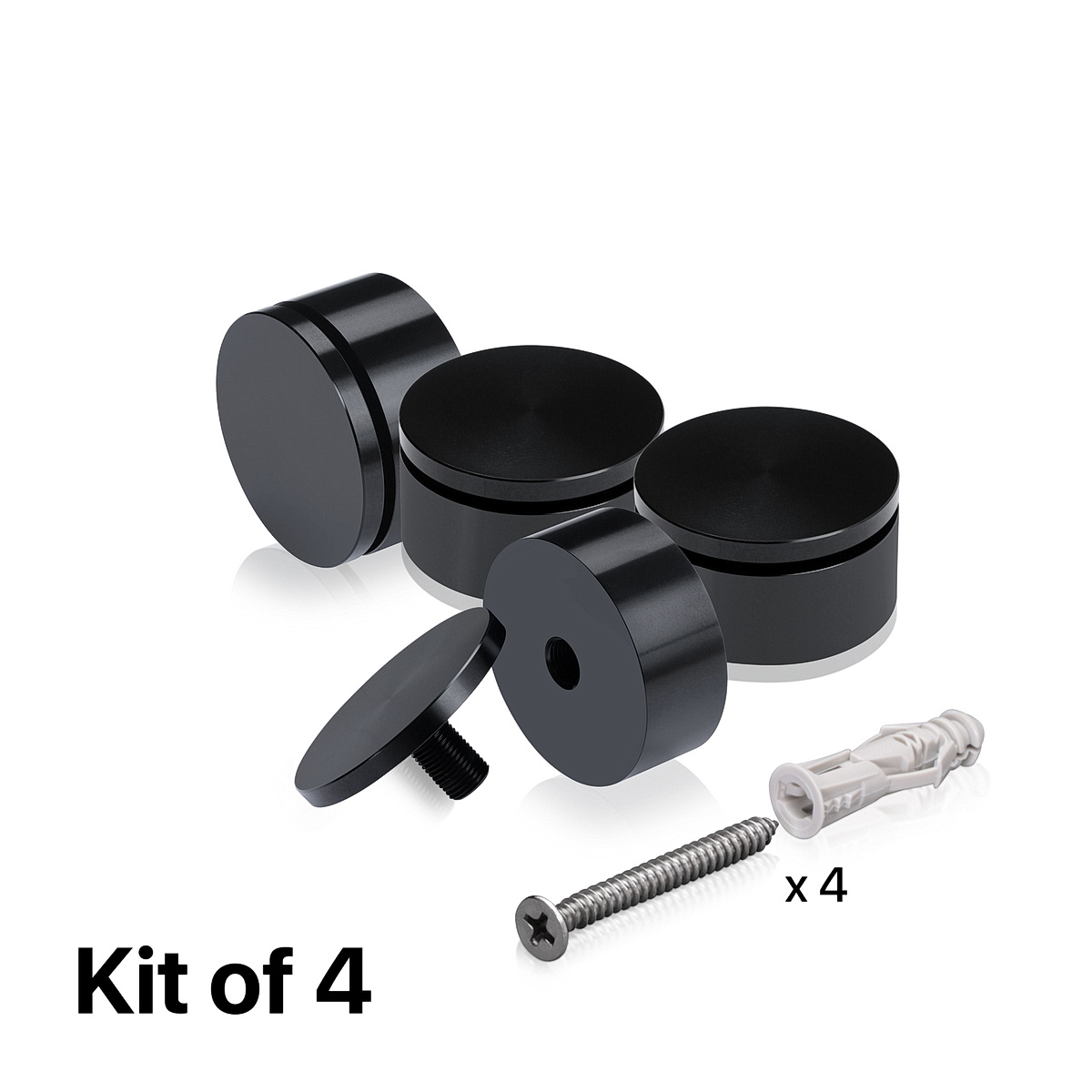 (Set of 4) 2'' Diameter X 3/4'' Barrel Length, Affordable Aluminum Standoffs, Black Anodized Finish Standoff and (4) 2216Z Screws and (4) LANC1 Anchors for concrete/drywall (For Inside/Outside) [Required Material Hole Size: 7/16'']