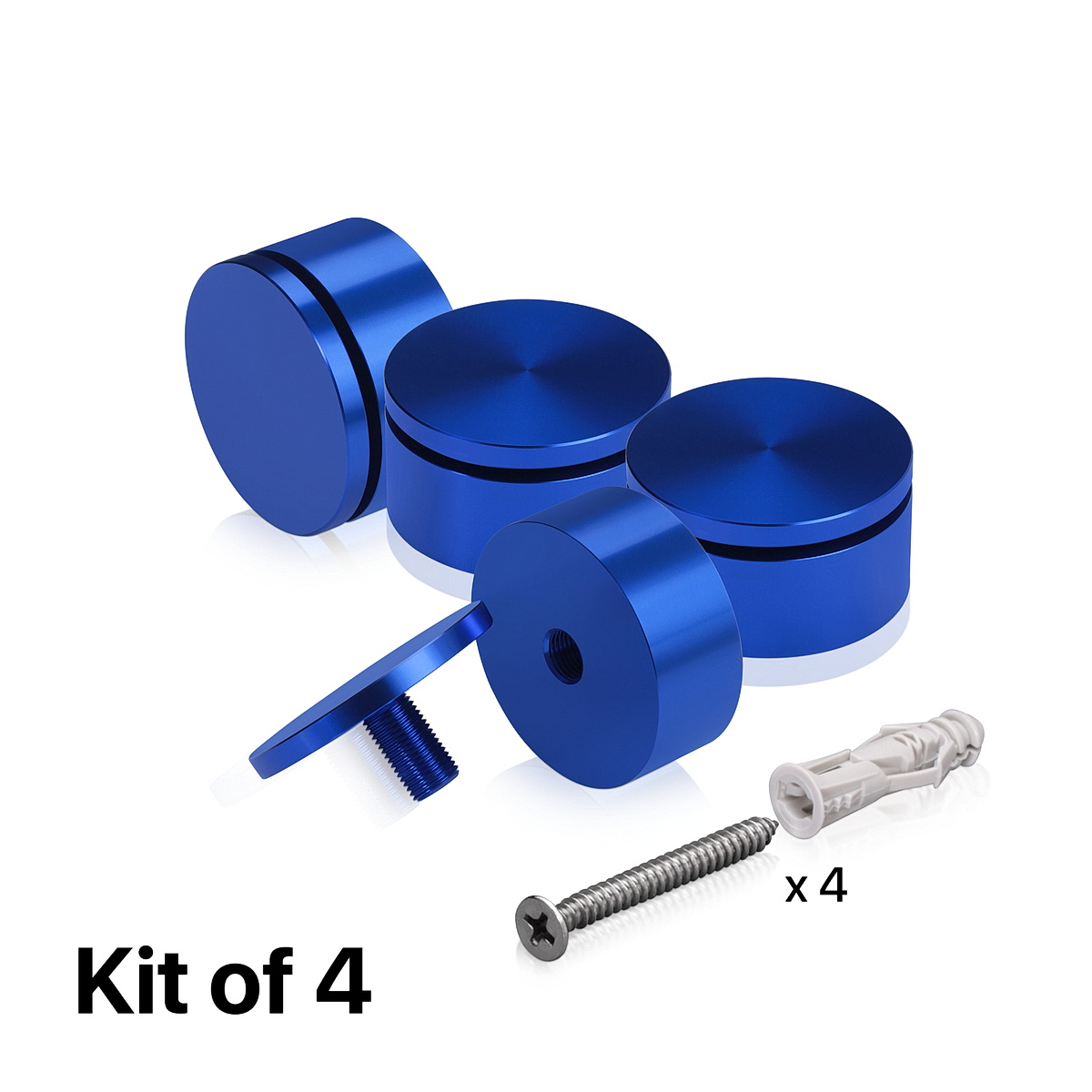 (Set of 4) 2'' Diameter X 3/4'' Barrel Length, Affordable Aluminum Standoffs, Blue Anodized Finish Standoff and (4) 2216Z Screws and (4) LANC1 Anchors for concrete/drywall (For Inside/Outside) [Required Material Hole Size: 7/16'']