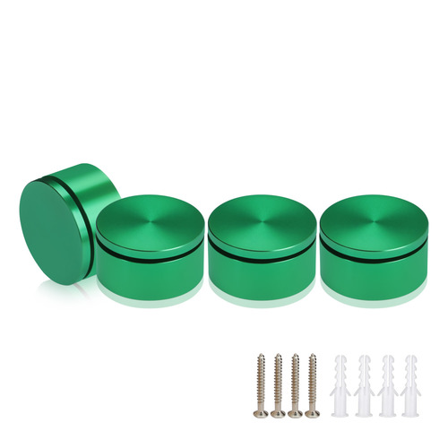 (Set of 4) 2'' Diameter X 3/4'' Barrel Length, Affordable Aluminum Standoffs, Green Anodized Finish Standoff and (4) 2216Z Screws and (4) LANC1 Anchors for concrete/drywall (For Inside/Outside) [Required Material Hole Size: 7/16'']