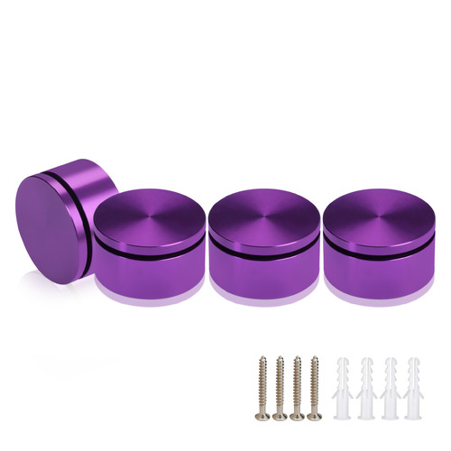 (Set of 4) 2'' Diameter X 3/4'' Barrel Length, Affordable Aluminum Standoffs, Purple Anodized Finish Standoff and (4) 2216Z Screws and (4) LANC1 Anchors for concrete/drywall (For Inside/Outside) [Required Material Hole Size: 7/16'']