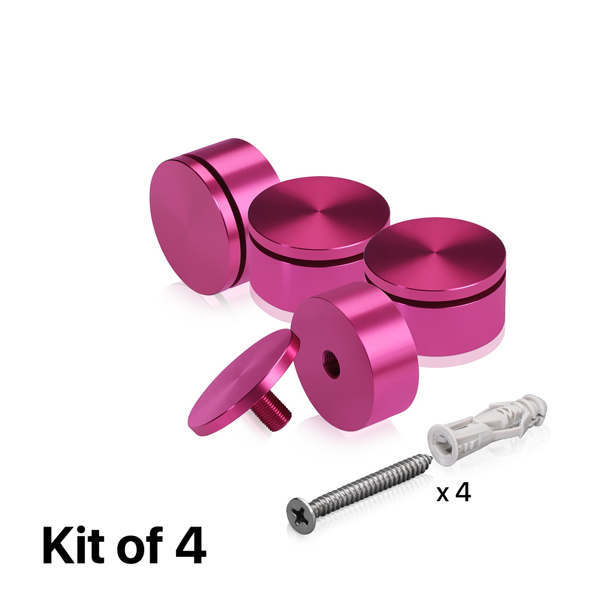 (Set of 4) 2'' Diameter X 3/4'' Barrel Length, Affordable Aluminum Standoffs, Rosy Pink Anodized Finish Standoff and (4) 2216Z Screws and (4) LANC1 Anchors for concrete/drywall (For Inside/Outside) [Required Material Hole Size: 7/16'']
