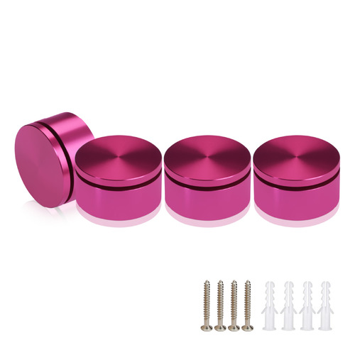 (Set of 4) 2'' Diameter X 3/4'' Barrel Length, Affordable Aluminum Standoffs, Rosy Pink Anodized Finish Standoff and (4) 2216Z Screws and (4) LANC1 Anchors for concrete/drywall (For Inside/Outside) [Required Material Hole Size: 7/16'']