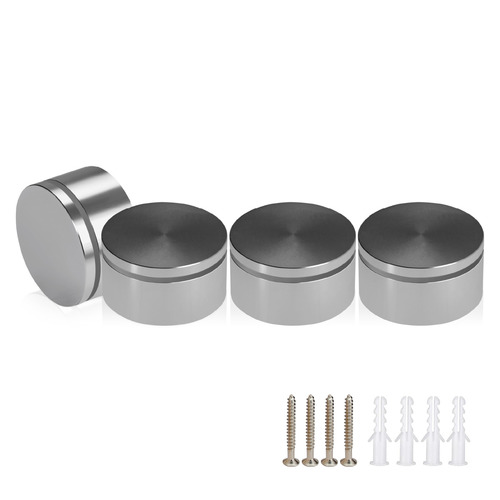 (Set of 4) 2'' Diameter X 3/4'' Barrel Length, Affordable Aluminum Standoffs, Steel Grey Anodized Finish Standoff and (4) 2216Z Screws and (4) LANC1 Anchors for concrete/drywall (For Inside/Outside) [Required Material Hole Size: 7/16'']