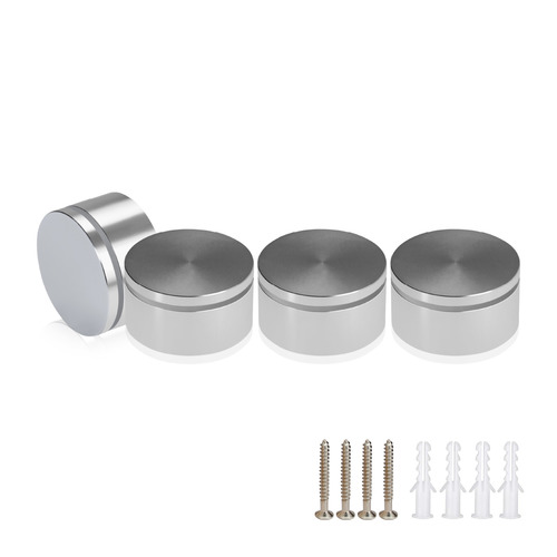 (Set of 4) 2'' Diameter X 3/4'' Barrel Length, Affordable Aluminum Standoffs, Silver Anodized Finish Standoff and (4) 2216Z Screws and (4) LANC1 Anchors for concrete/drywall (For Inside/Outside) [Required Material Hole Size: 7/16'']