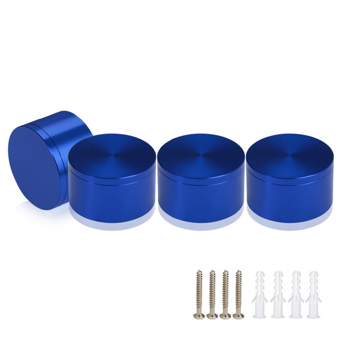 (Set of 4) 2'' Diameter X 1'' Barrel Length, Affordable Aluminum Standoffs, Blue Anodized Finish Standoff and (4) 2216Z Screws and (4) LANC1 Anchors for concrete/drywall (For Inside/Outside) [Required Material Hole Size: 7/16'']