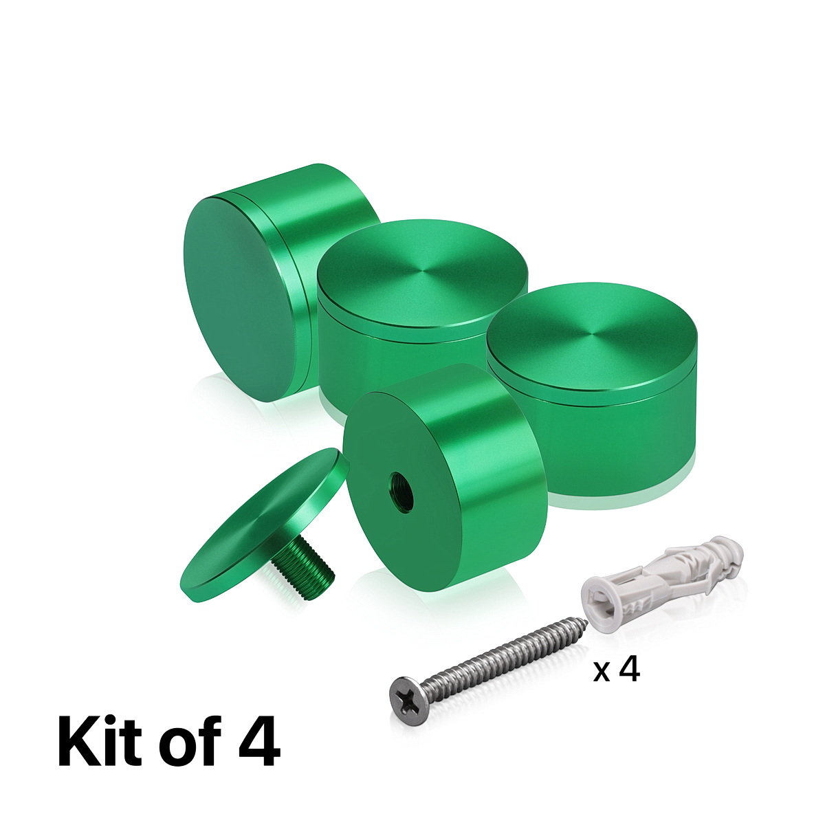 (Set of 4) 2'' Diameter X 1'' Barrel Length, Affordable Aluminum Standoffs, Green Anodized Finish Standoff and (4) 2216Z Screws and (4) LANC1 Anchors for concrete/drywall (For Inside/Outside) [Required Material Hole Size: 7/16'']