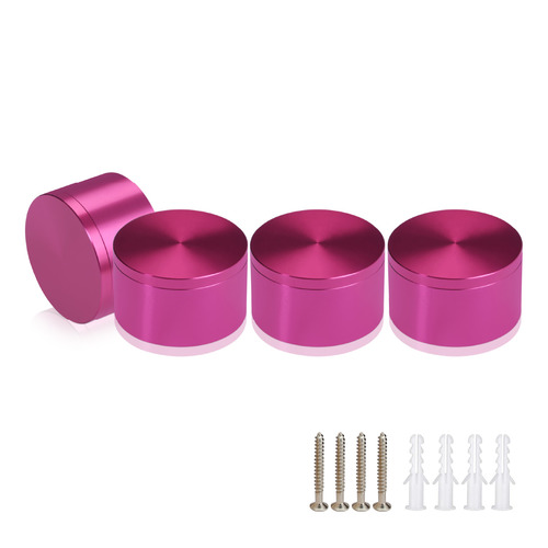 (Set of 4) 2'' Diameter X 1'' Barrel Length, Affordable Aluminum Standoffs, Rosy Pink Anodized Finish Standoff and (4) 2216Z Screws and (4) LANC1 Anchors for concrete/drywall (For Inside/Outside) [Required Material Hole Size: 7/16'']
