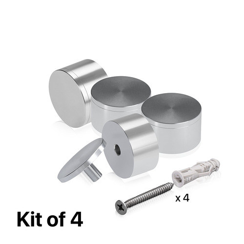 (Set of 4) 2'' Diameter X 1'' Barrel Length, Affordable Aluminum Standoffs, Silver Anodized Finish Standoff and (4) 2216Z Screws and (4) LANC1 Anchors for concrete/drywall (For Inside/Outside) [Required Material Hole Size: 7/16'']