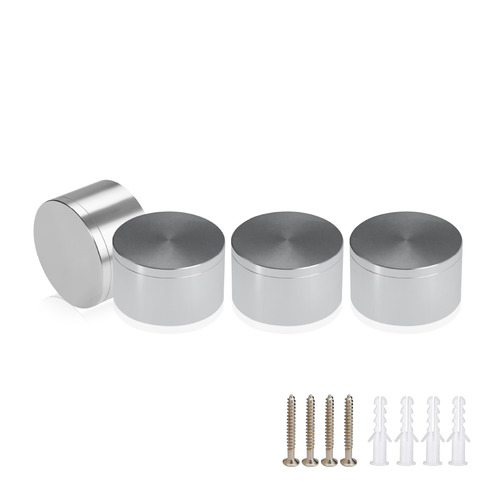 (Set of 4) 2'' Diameter X 1'' Barrel Length, Affordable Aluminum Standoffs, Silver Anodized Finish Standoff and (4) 2216Z Screws and (4) LANC1 Anchors for concrete/drywall (For Inside/Outside) [Required Material Hole Size: 7/16'']