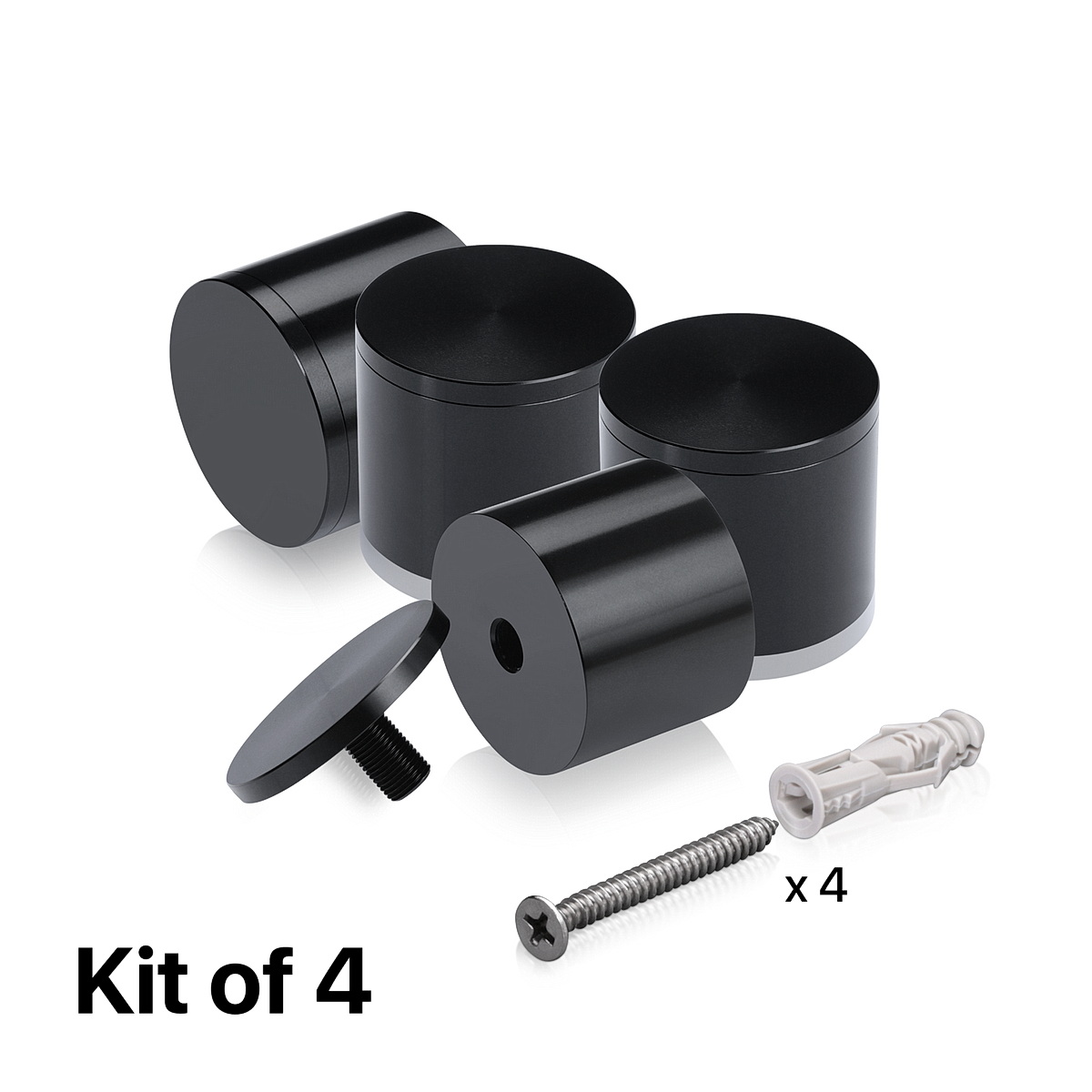 (Set of 4) 2'' Diameter X 1-1/2'' Barrel Length, Affordable Aluminum Standoffs, Black Anodized Finish Standoff and (4) 2216Z Screws and (4) LANC1 Anchors for concrete/drywall (For Inside/Outside) [Required Material Hole Size: 7/16'']