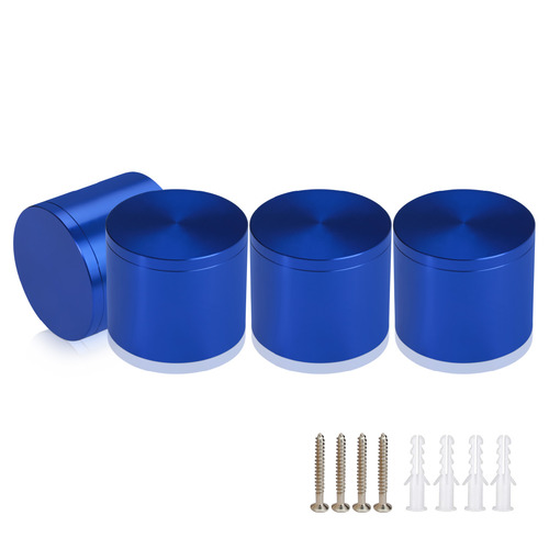 (Set of 4) 2'' Diameter X 1-1/2'' Barrel Length, Affordable Aluminum Standoffs, Blue Anodized Finish Standoff and (4) 2216Z Screws and (4) LANC1 Anchors for concrete/drywall (For Inside/Outside) [Required Material Hole Size: 7/16'']