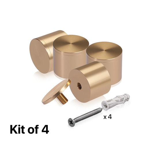 (Set of 4) 2'' Diameter X 1-1/2'' Barrel Length, Affordable Aluminum Standoffs, Champagne Anodized Finish Standoff and (4) 2216Z Screws and (4) LANC1 Anchors for concrete/drywall (For Inside/Outside) [Required Material Hole Size: 7/16'']