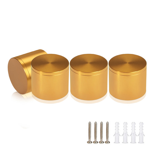 (Set of 4) 2'' Diameter X 1-1/2'' Barrel Length, Affordable Aluminum Standoffs, Gold Anodized Finish Standoff and (4) 2216Z Screws and (4) LANC1 Anchors for concrete/drywall (For Inside/Outside) [Required Material Hole Size: 7/16'']