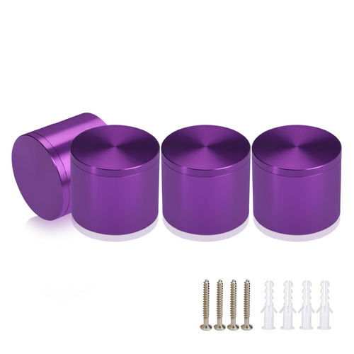 (Set of 4) 2'' Diameter X 1-1/2'' Barrel Length, Affordable Aluminum Standoffs, Purple Anodized Finish Standoff and (4) 2216Z Screws and (4) LANC1 Anchors for concrete/drywall (For Inside/Outside) [Required Material Hole Size: 7/16'']