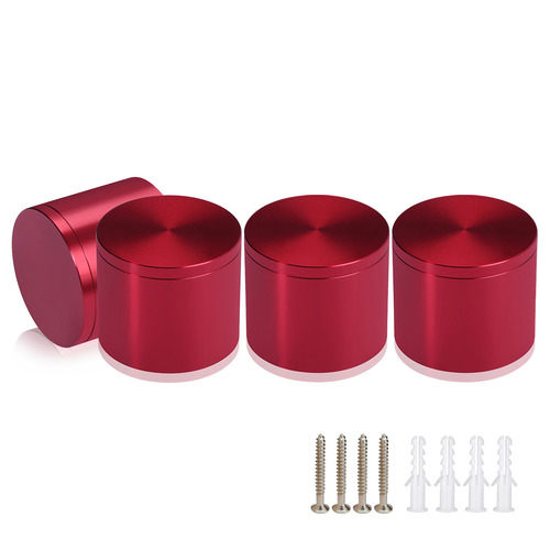 (Set of 4) 2'' Diameter X 1-1/2'' Barrel Length, Affordable Aluminum Standoffs, Cherry Red Anodized Finish Standoff and (4) 2216Z Screws and (4) LANC1 Anchors for concrete/drywall (For Inside/Outside) [Required Material Hole Size: 7/16'']