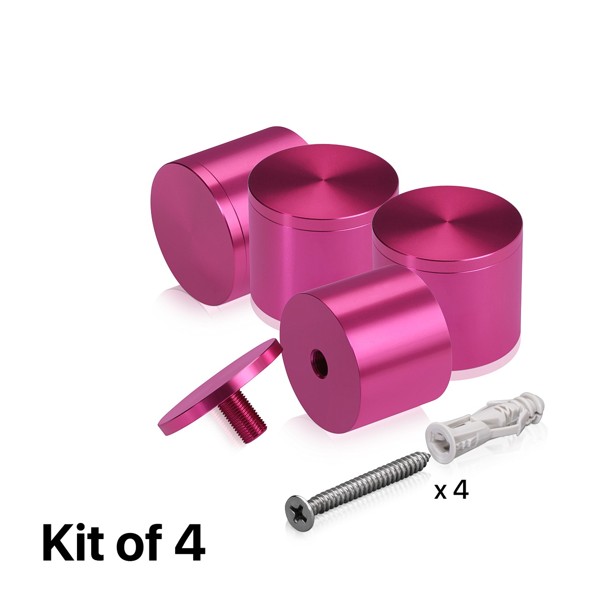 (Set of 4) 2'' Diameter X 1-1/2'' Barrel Length, Affordable Aluminum Standoffs, Rosy Pink Anodized Finish Standoff and (4) 2216Z Screws and (4) LANC1 Anchors for concrete/drywall (For Inside/Outside) [Required Material Hole Size: 7/16'']