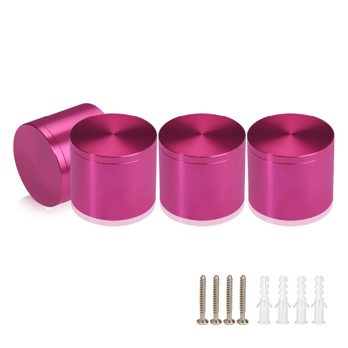 (Set of 4) 2'' Diameter X 1-1/2'' Barrel Length, Affordable Aluminum Standoffs, Rosy Pink Anodized Finish Standoff and (4) 2216Z Screws and (4) LANC1 Anchors for concrete/drywall (For Inside/Outside) [Required Material Hole Size: 7/16'']