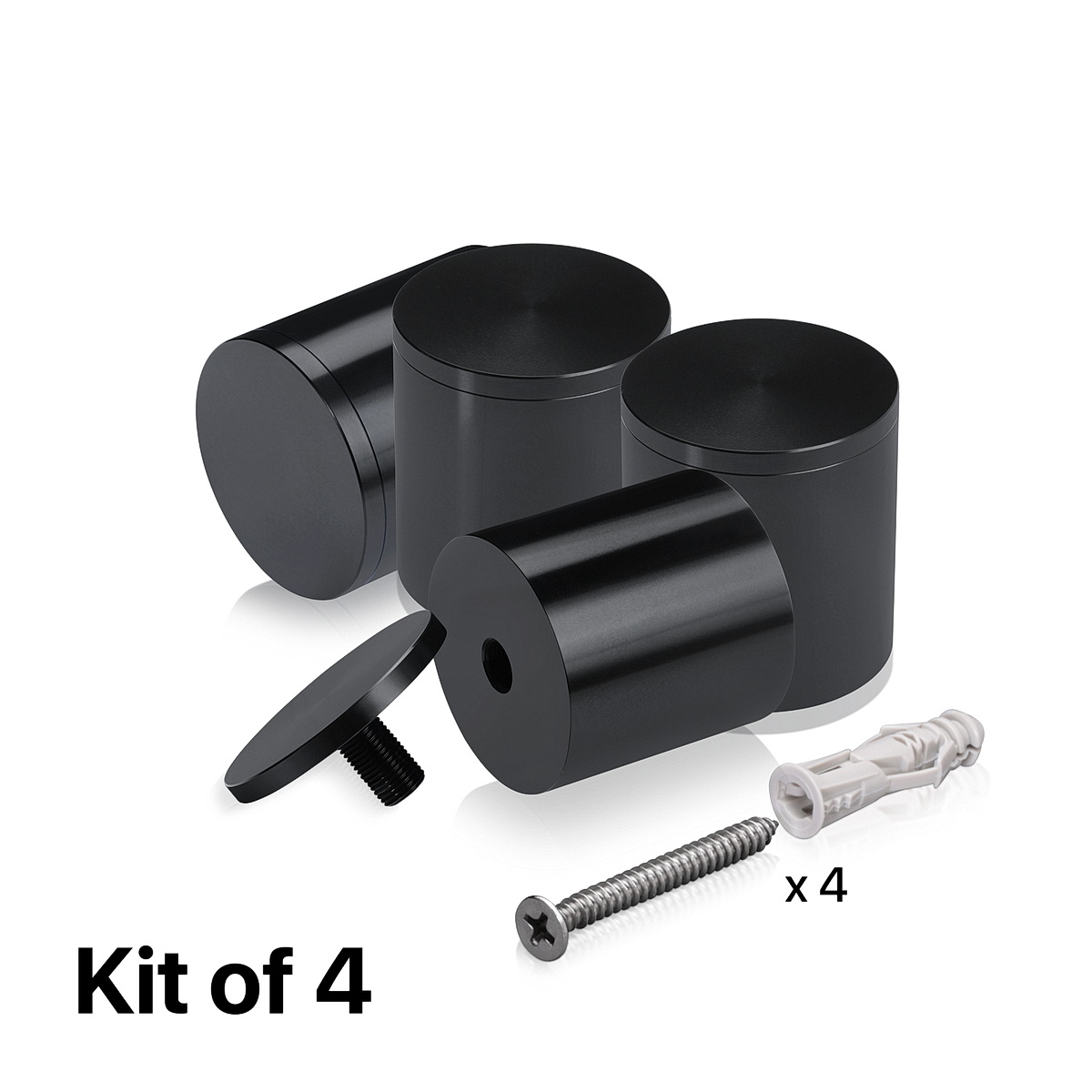 (Set of 4) 2'' Diameter X 2'' Barrel Length, Affordable Aluminum Standoffs, Black Anodized Finish Standoff and (4) 2216Z Screws and (4) LANC1 Anchors for concrete/drywall (For Inside/Outside) [Required Material Hole Size: 7/16'']