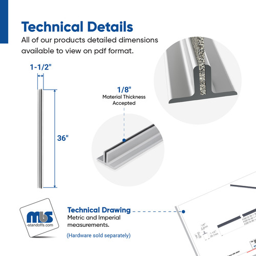 36'' Length Clear Aluminum Direct Sign Mounts for 1/8'' Substrate (No pre-drilled holes, and No set screws)