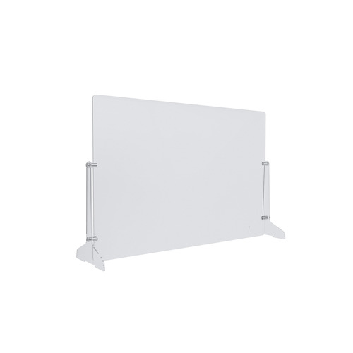 Clear Acrylic Sneeze Guard 30'' Wide x 20'' Tall, with (2) 7'' Wide x 12-5/16'' Deep Feet on the Side, and (4) Aluminum Clear Anodized Forks / Standoffs.
