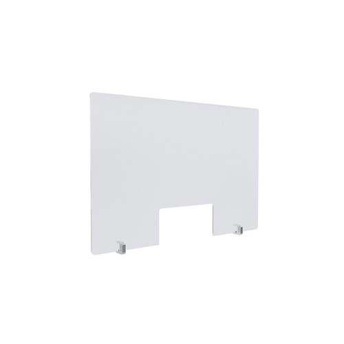 Clear Acrylic Sneeze Guard 30'' Wide x 20'' Tall (10'' x 5'' Cut Out), with (2) Clear Anodized Aluminum Front Gripping Counter Clamps (Clamp Material Accepted 1-1/2'' to 1-5/8'').