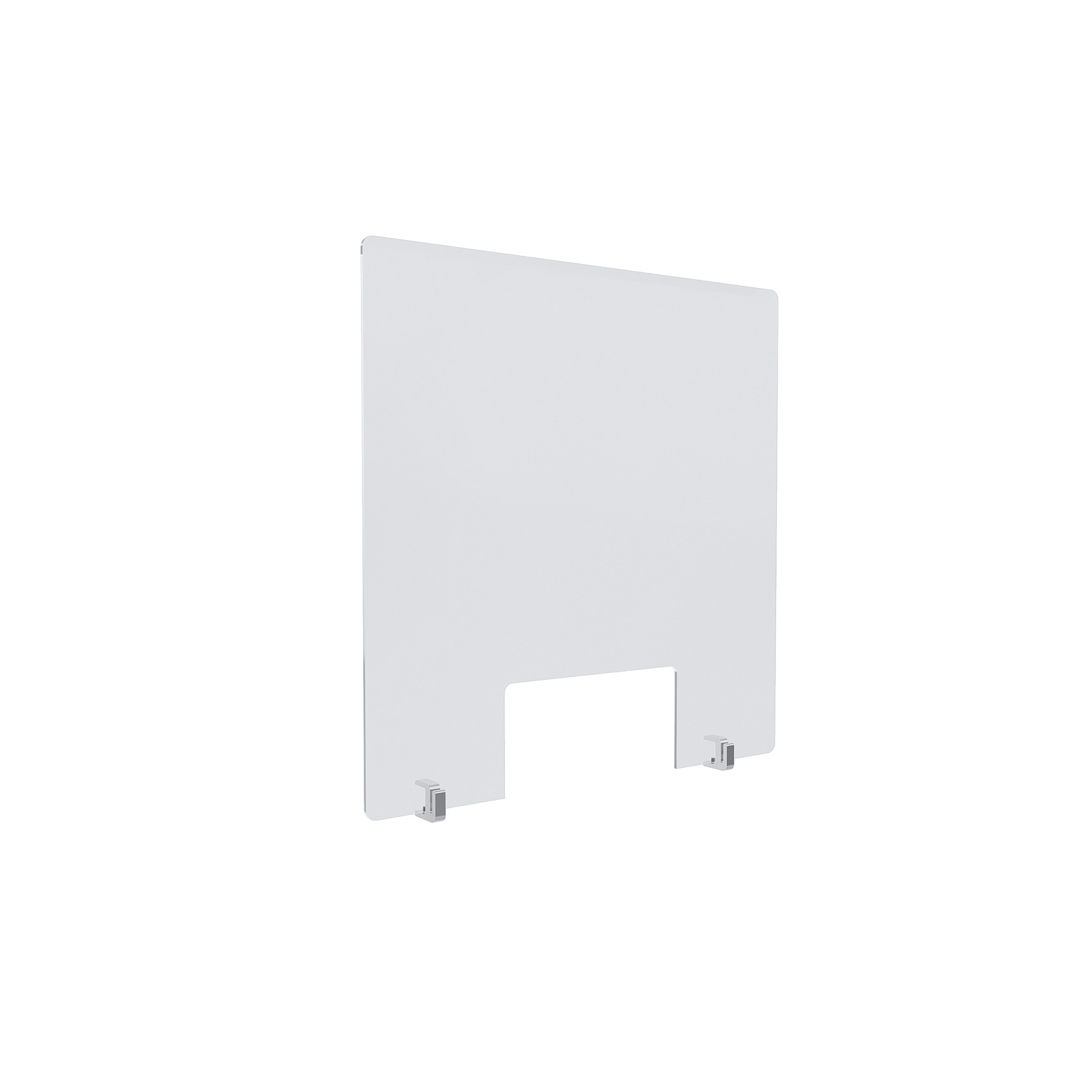 Clear Acrylic Sneeze Guard 23-1/2'' Wide x 23-1/2'' Tall (10'' x 5'' Cut Out), with (2) Clear Anodized Aluminum Front Gripping Counter Clamps (Clamp Material Accepted  1'' to 1-1/8'')