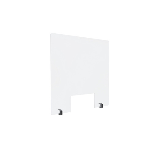 Clear Acrylic Sneeze Guard 23-1/2'' Wide x 23-1/2'' Tall (10'' x 5'' Cut Out), with (2) Black Anodized Aluminum Front Gripping Counter Clamps (Clamp Material Accepted 1'' to 1-1/8'')