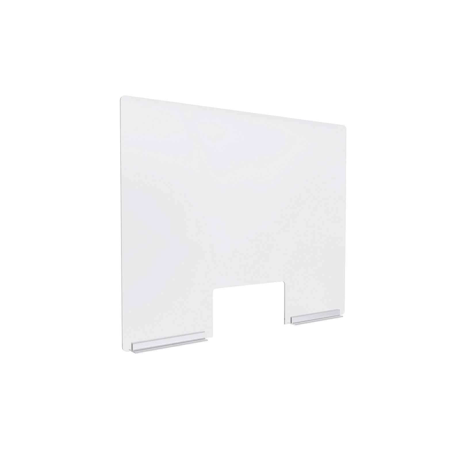 Clear Acrylic Sneeze Guard 30'' Wide x 23-1/2'' Tall (10'' x 5'' Cut Out), with (2) 8'' Clear Anodized Aluminum Channel Mounts