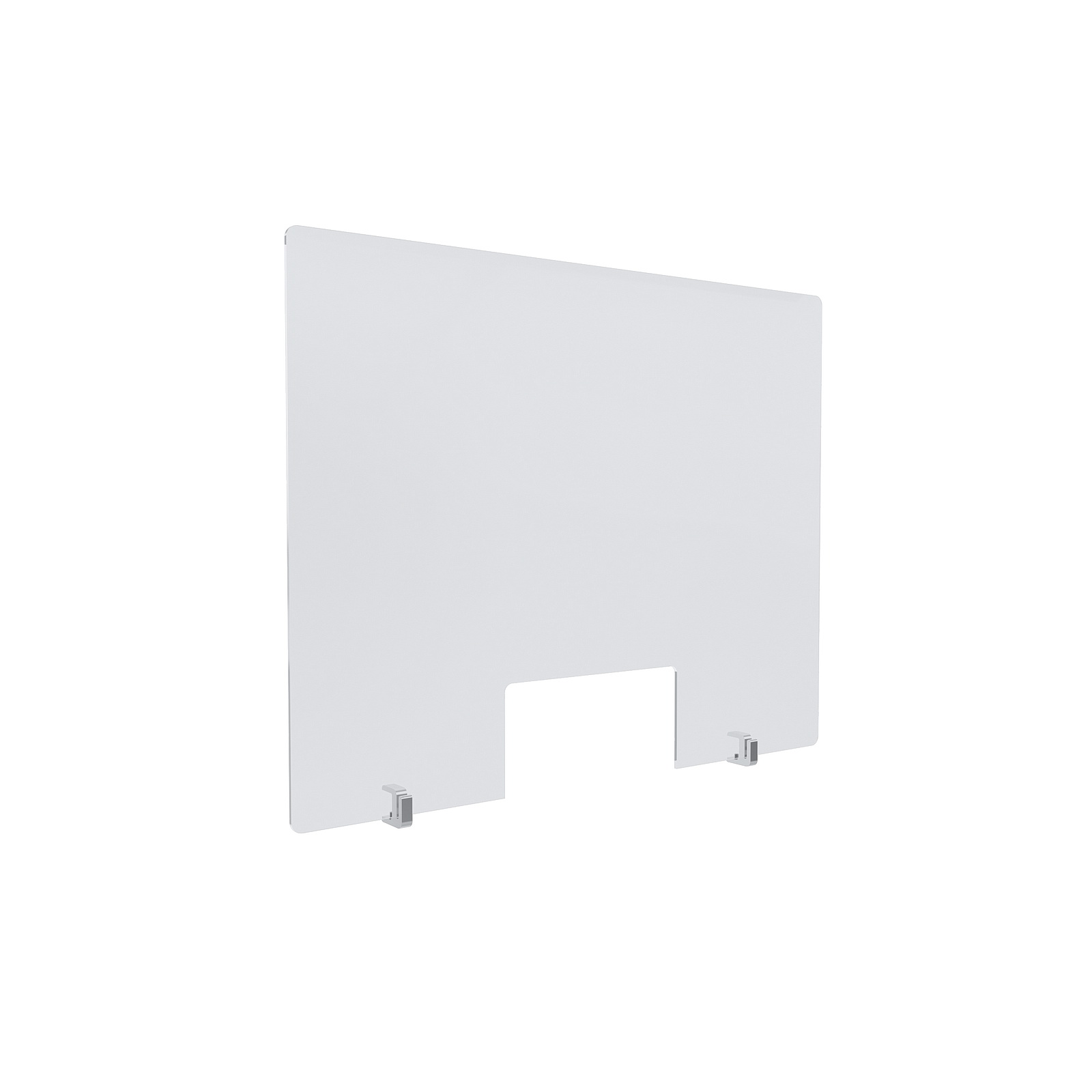 Clear Acrylic Sneeze Guard 30'' Wide x 23-1/2'' Tall (10'' x 5'' Cut Out), with (2) Clear Anodized Aluminum Front Gripping Counter Clamps (Clamp Material Accepted  1'' to 1-1/8'')